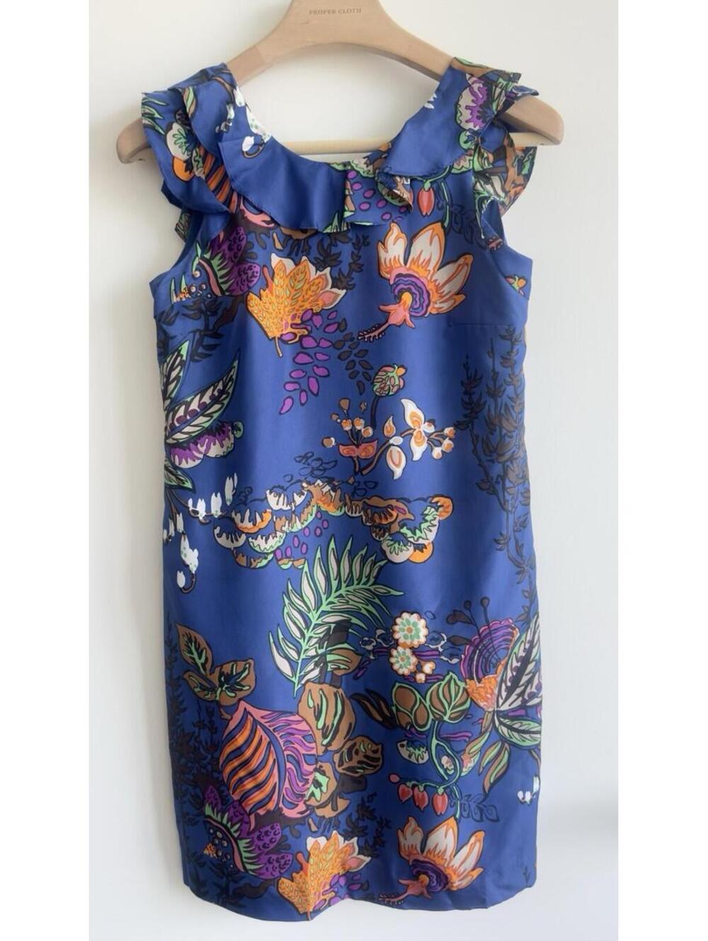 J.Crew Silk Ruffle Shift Dress Blue Floral Print Sleeveless Size 2 Lined - Picture 3 of 9